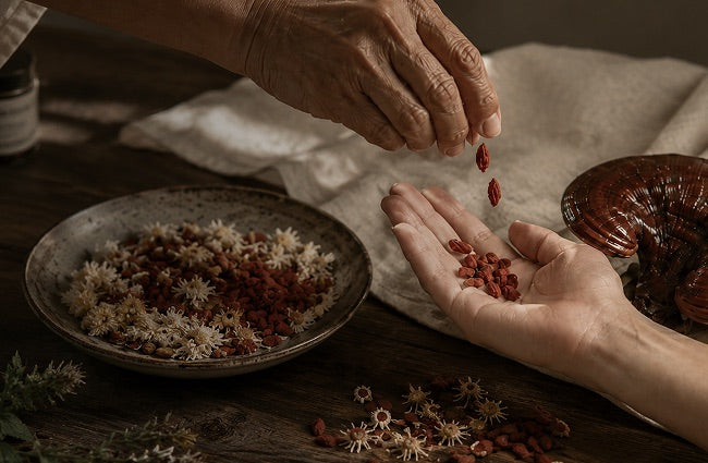 Hands combining grains and botanicals for a shared food ritual