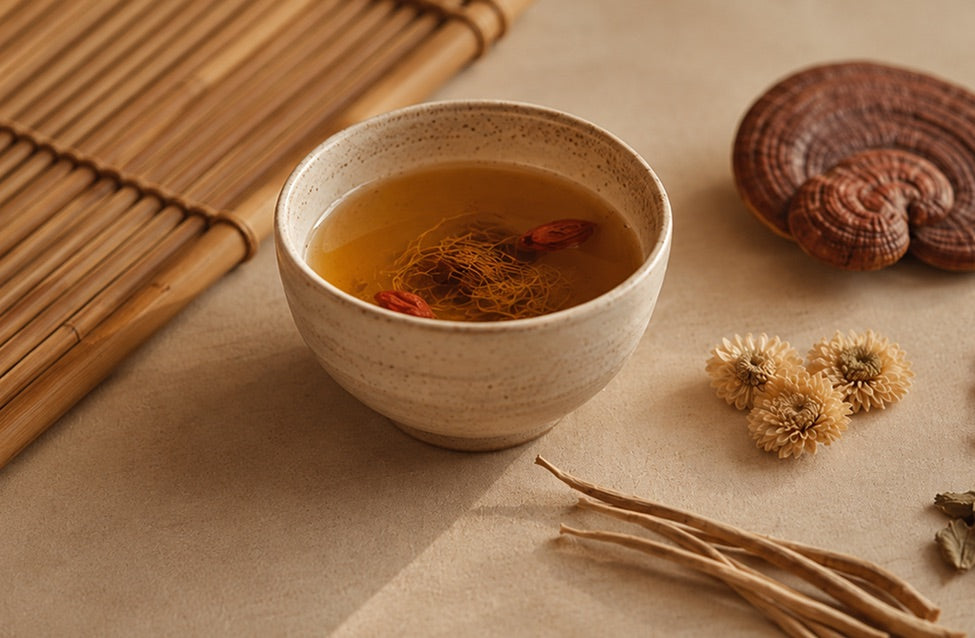 Warm botanical tea with reishi and chamomile