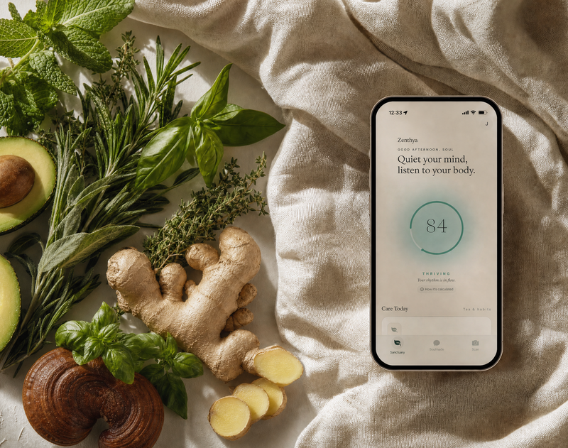 Zenthya personalized wellness app beside fresh herbs and foods