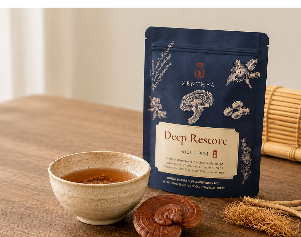 Zenthya Deep Restore No.21 pouch with herbal drink and reishi