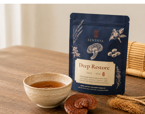 Zenthya Deep Restore No.21 pouch with herbal drink and reishi