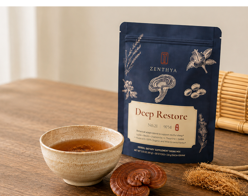 Zenthya Deep Restore No.21 pouch with herbal drink and reishi