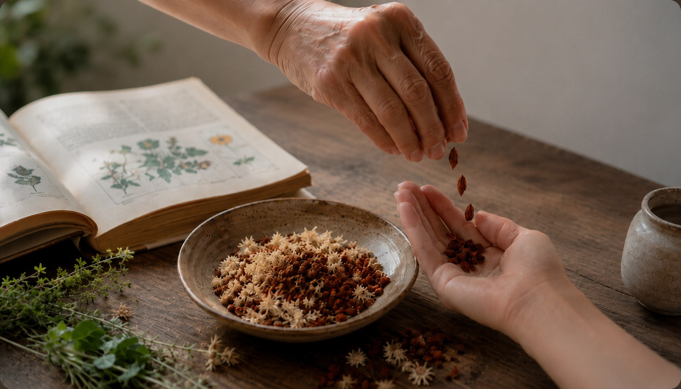 Hands preparing herbs beside a traditional botanical reference book