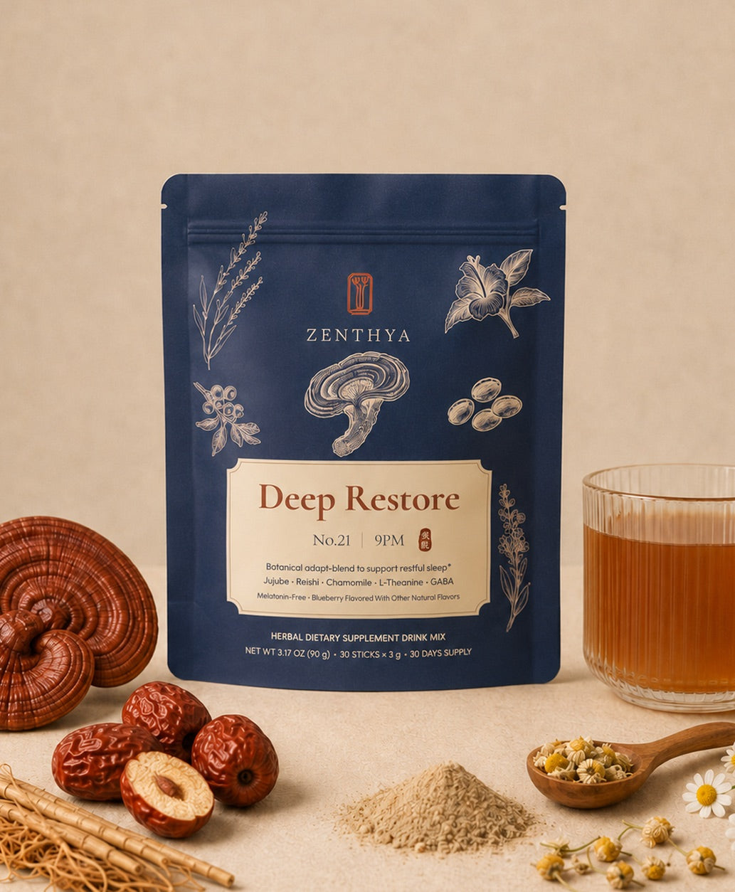 Zenthya Deep Restore No.21 pouch with reishi and herbal tea