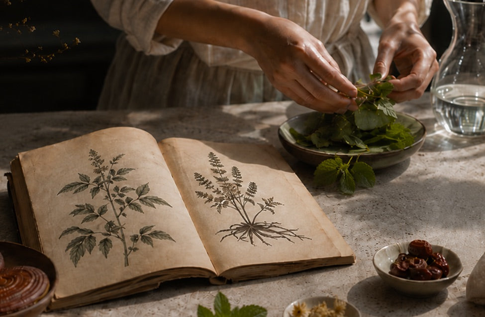 Hands preparing botanicals beside an illustrated herbal guide