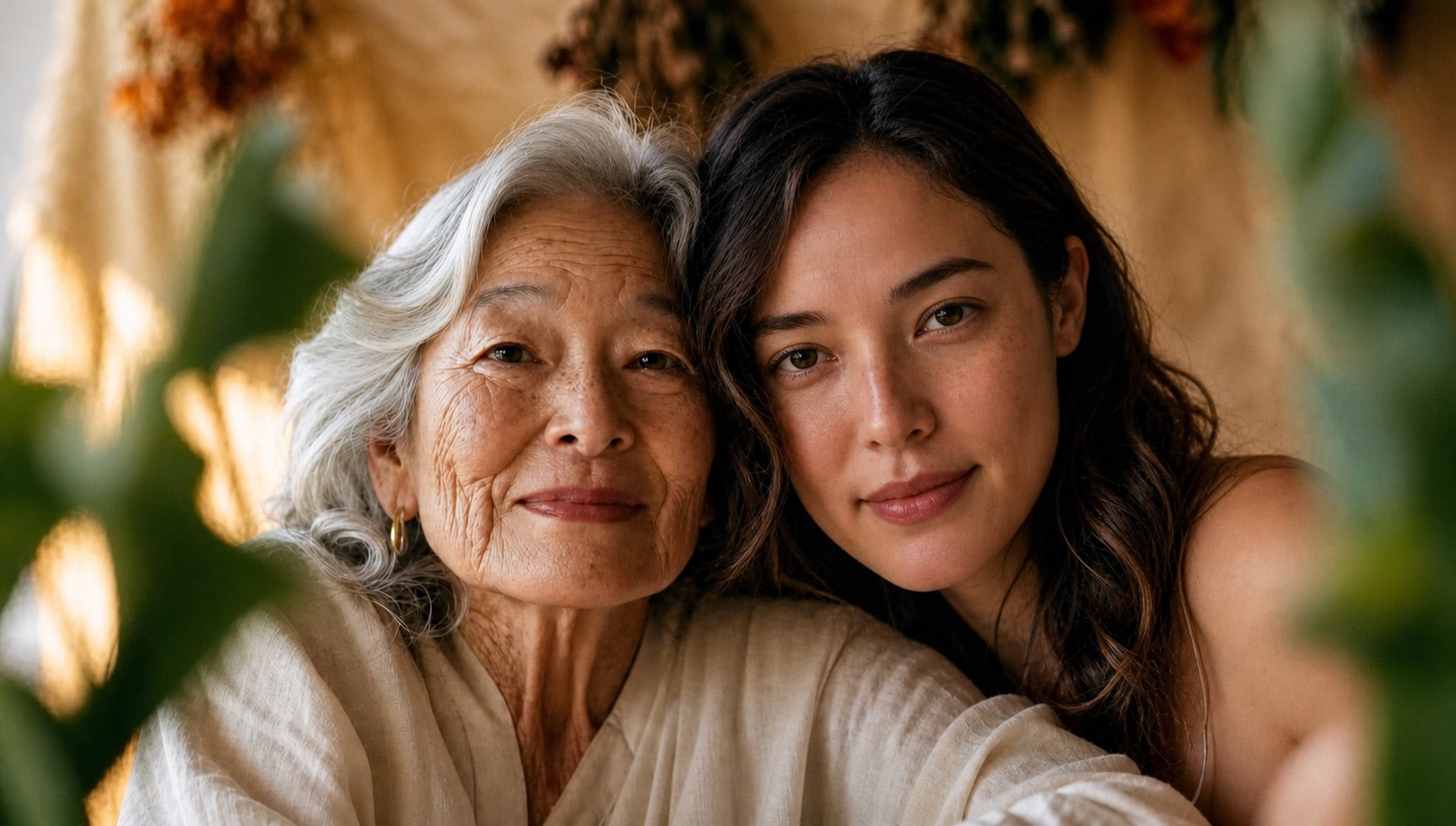 Older and younger women together in warm natural light, representing healthy aging
