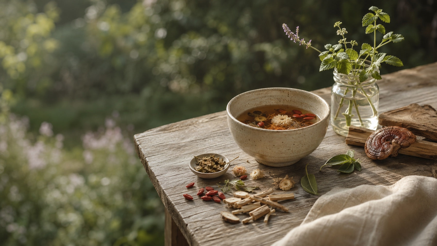 Warm botanical tea with reishi, chamomile, and other evening botanicals