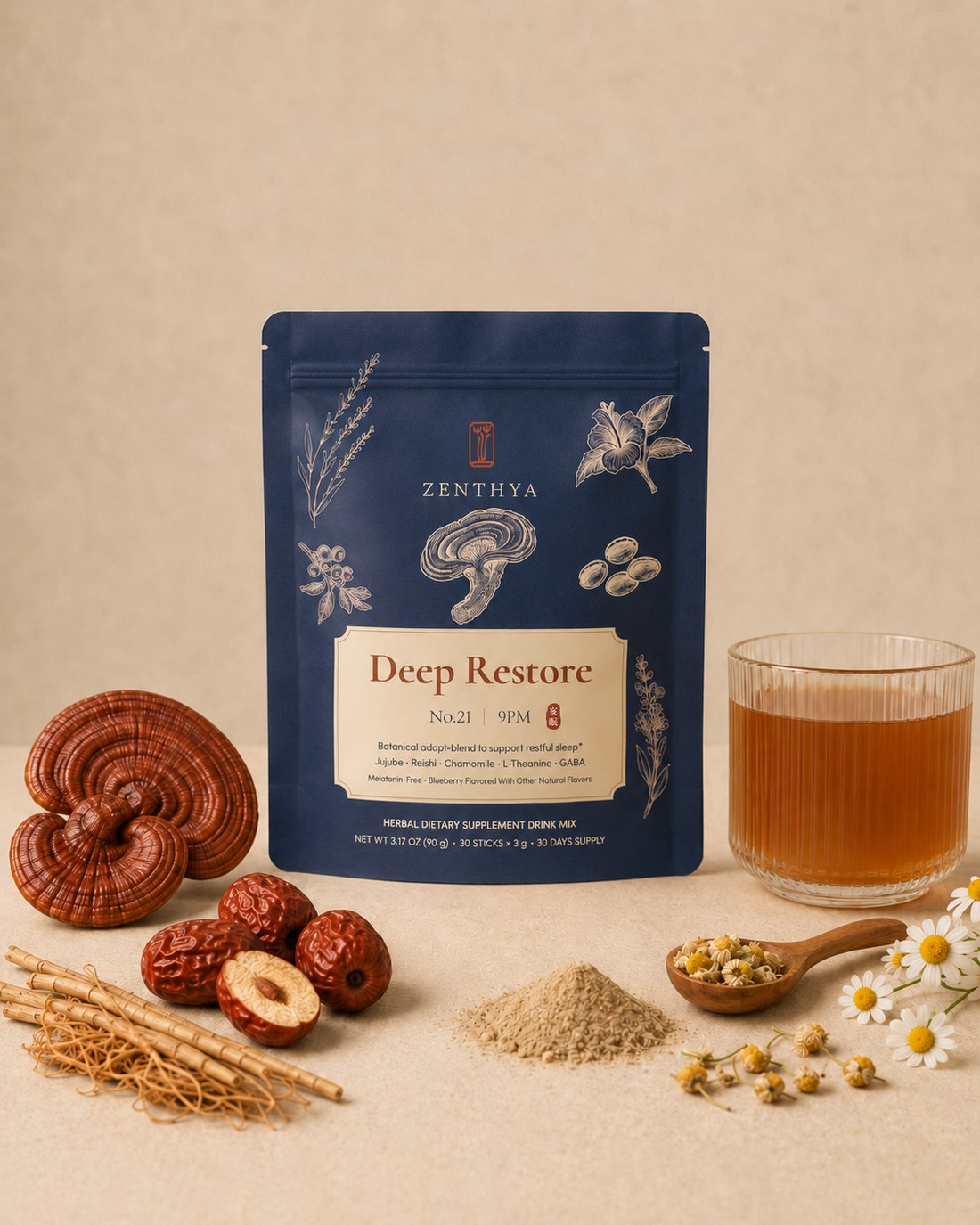 Deep Restore No.21 pouch with reishi and warm botanical tea