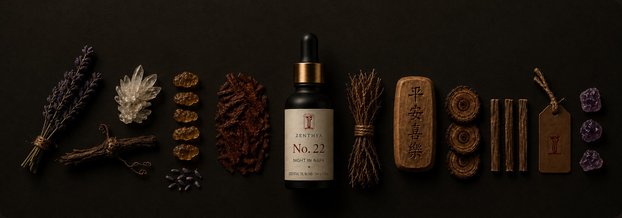 Botanical aroma oils and herbs arranged for a calming nighttime ritual