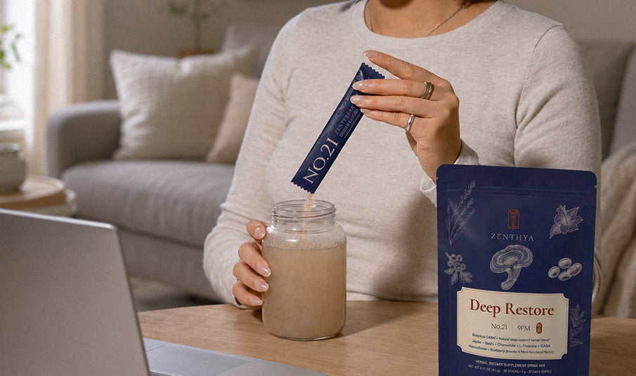 Woman preparing Zenthya Deep Restore No.21 as part of her evening routine